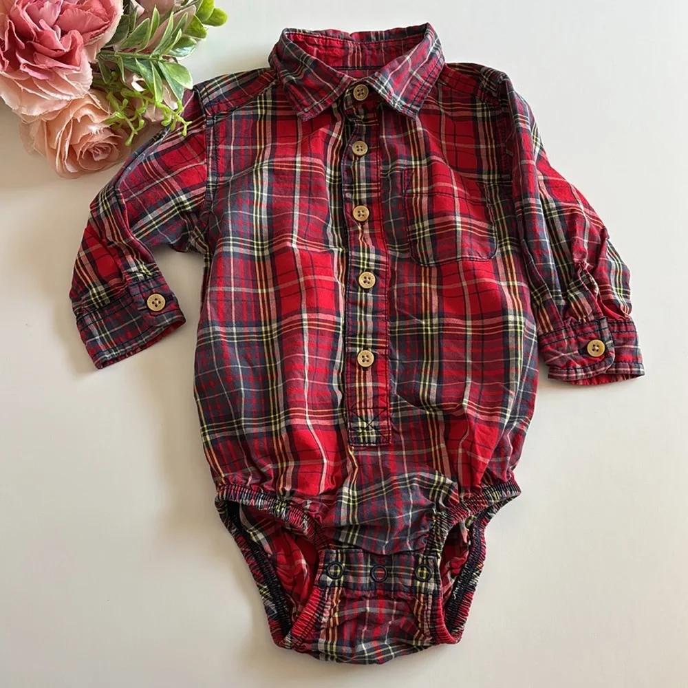 Christmas Plaid Boy Bodysuit Oxford Shirt Oshkosh 12M Christmas Baby Boy